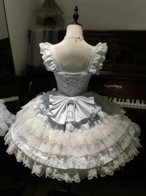 Pastel light sky blue lolita jumper skirt dress back view corset-style waist satin bow large tiered lace hem details