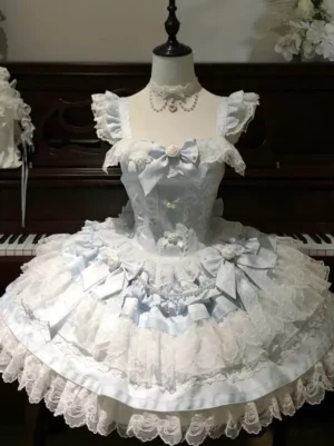 Pastel light sky blue sweet lolita jsk dress front view with flutter ruffled straps tiered lace skirt satin bow decorations