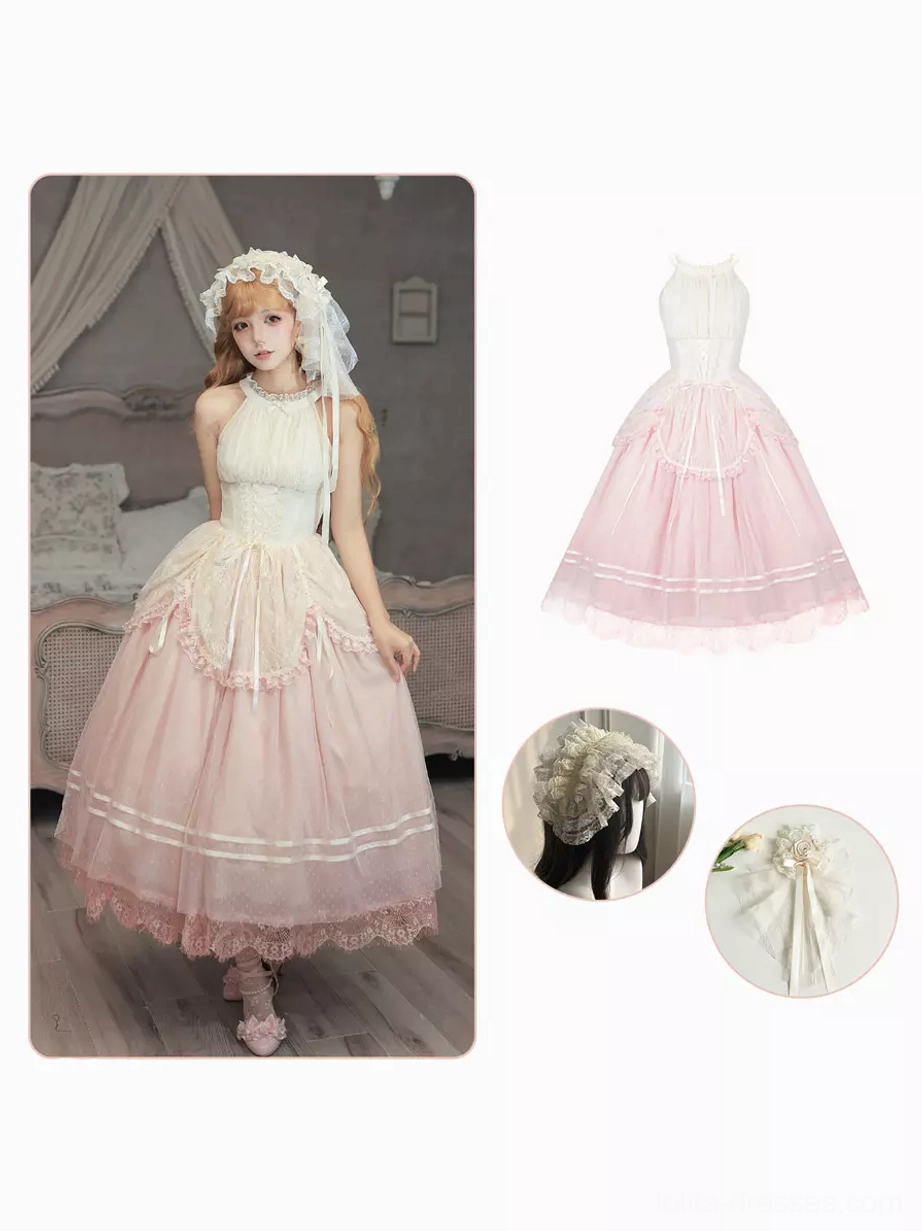 Pink gradient lolita jsk dress with matching lace headdress accessories flat product display standalone shot white background tiered tulle skirt