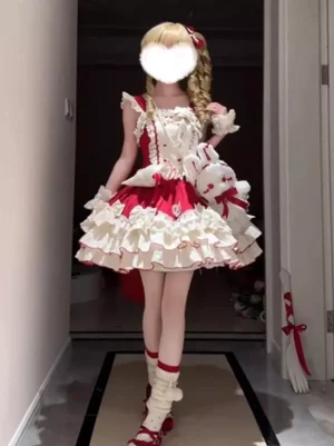 Sweet lolita sleeveless JSK dress back mirror view red white color blocking ruffled trims with matching legwear plush bag