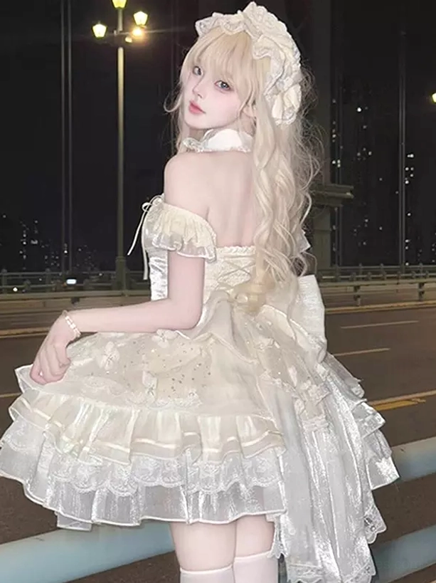sweet-lolita-jsk-dress-side-back-view-off-shoulder-neckline-lace-trimmed-ruffled-skirt-fairy-theme-romantic-silhouette