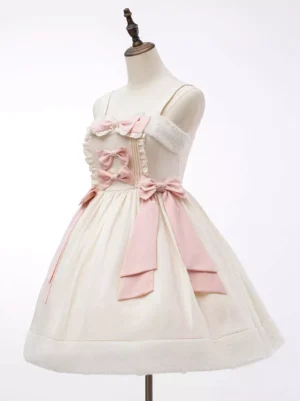 Sweet Lolita sleeveless jumper dress side front angle view pink bow side detail ruffled bodice lace trim