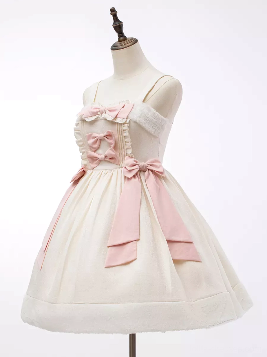 Sweet Lolita sleeveless jumper dress side front angle view pink bow side detail ruffled bodice lace trim