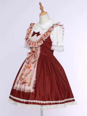 Three-quarter front view sweet lolita jumper skirt dress showcasing asymmetrical floral print apron panel decorative front bow lace hem ruffles bell-shaped silhouette romantic design details