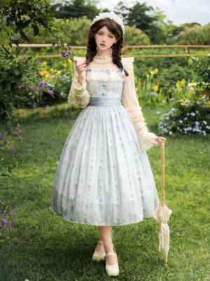 Vintage lolita dress set three-quarter view garden background sheer ruffled sleeves lace parasol white Mary Jane shoes