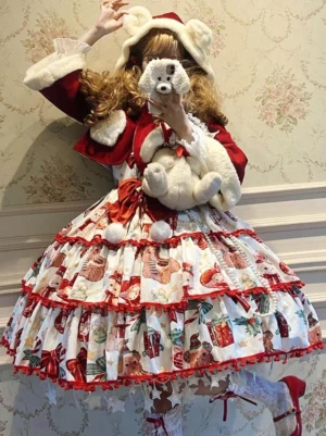 Sweet Lolita JSK dress with matching red fur-trimmed coat and bear ear hat accessories, showing pom-pom skirt edging and festive Christmas-themed print styling with plush toy accessory