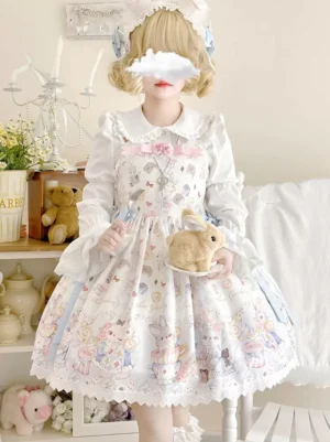Ecru white sleeveless sweet lolita jumper dress with pastel cartoon print and pink bow - front full standing pose holding plush rabbit toy