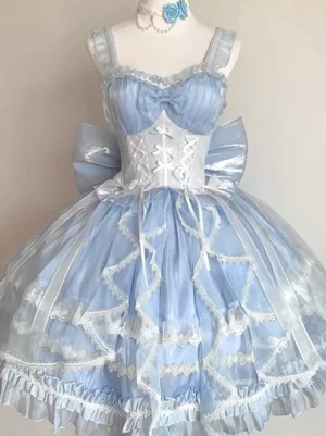 Blue sweet lolita JSK dress with silver corset trim, large back bow, and lace-trimmed tulle skirt shown on dress form front perspective