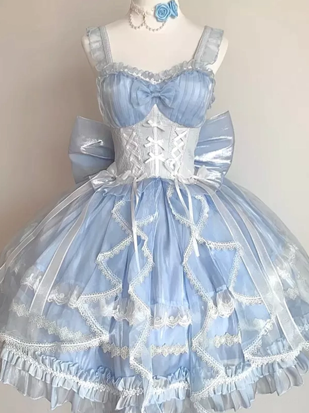 Blue sweet lolita JSK dress with silver corset trim, large back bow, and lace-trimmed tulle skirt shown on dress form front perspective
