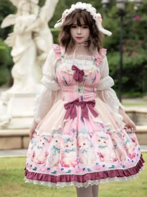 Full outfit sweet Lolita JSK with inner blouse wine red ribbon ruffled lace skirt hem front view with sheep ear headband and angel statue background