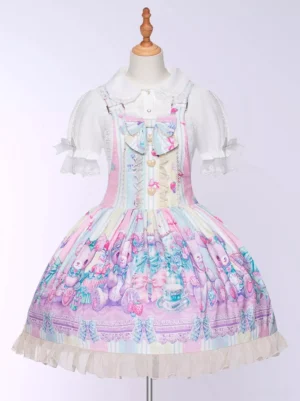 sweet lolita jumper skirt jsk front display pastel rainbow floral print ruffled lace hem front bow detail wooden dress form