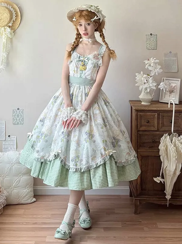Sweet lolita JSK jumper skirt dress sleeveless front view blonde twin braids green gingham ruffled hem floral brooch