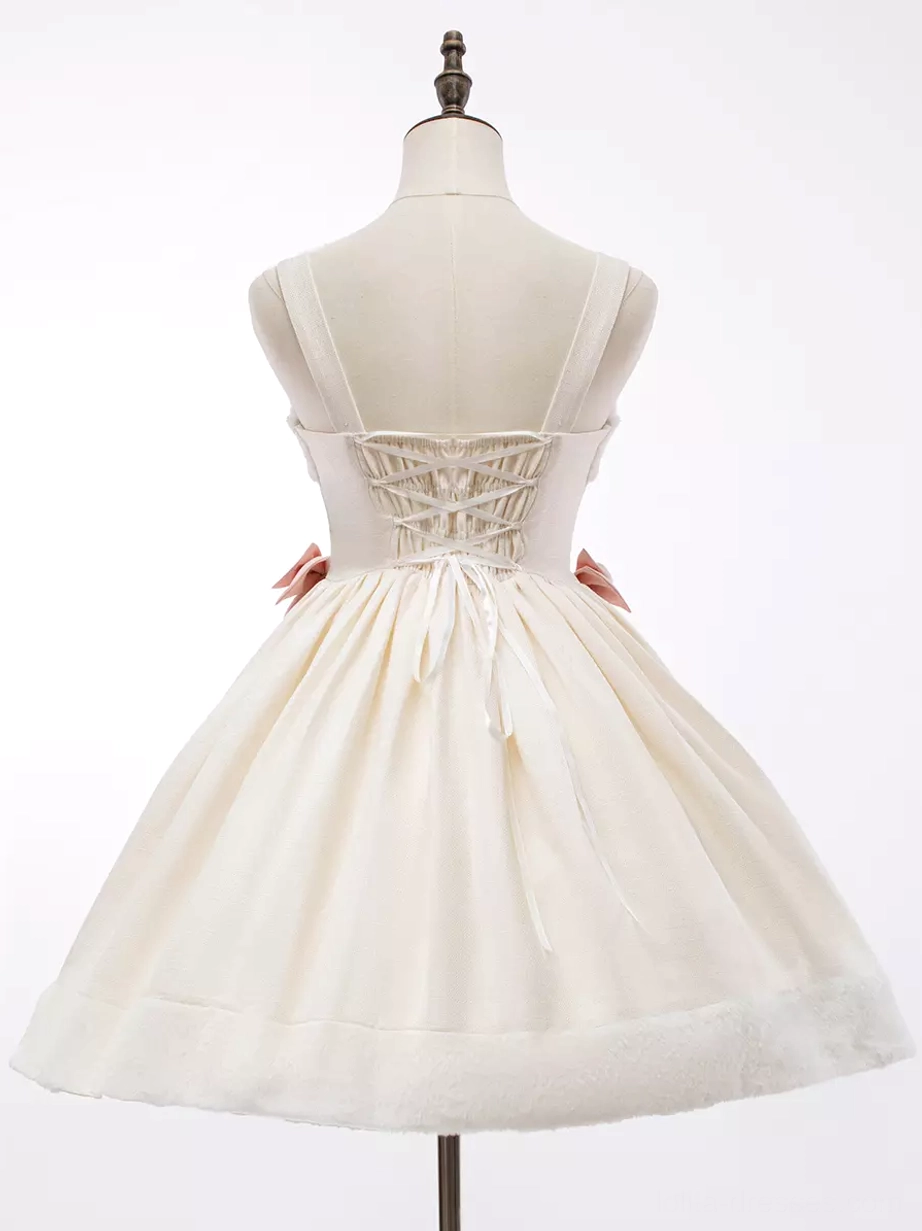 Sweet Lolita JSK dress back view lace-up corset back ribbon drawstrings side bows romantic design full length