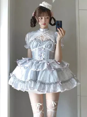 Sweet lolita jumper skirt dress light gray stand collar bow-adorned corset bodice half-body front