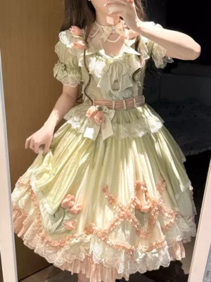 Sweet Lolita JSK dress with light green floral lace puff sleeves front mirror view cottagecore dress with pearl choker