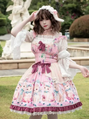Sweet Lolita JSK dress with pink cat grape rose print and wine red bows front three-quarter view on model with sheep ear hairpiece in garden setting