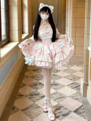 Sweet lolita JSK dress pink front full-body view detachable puff sleeves multi-layer ruffles color-block design fairy dress