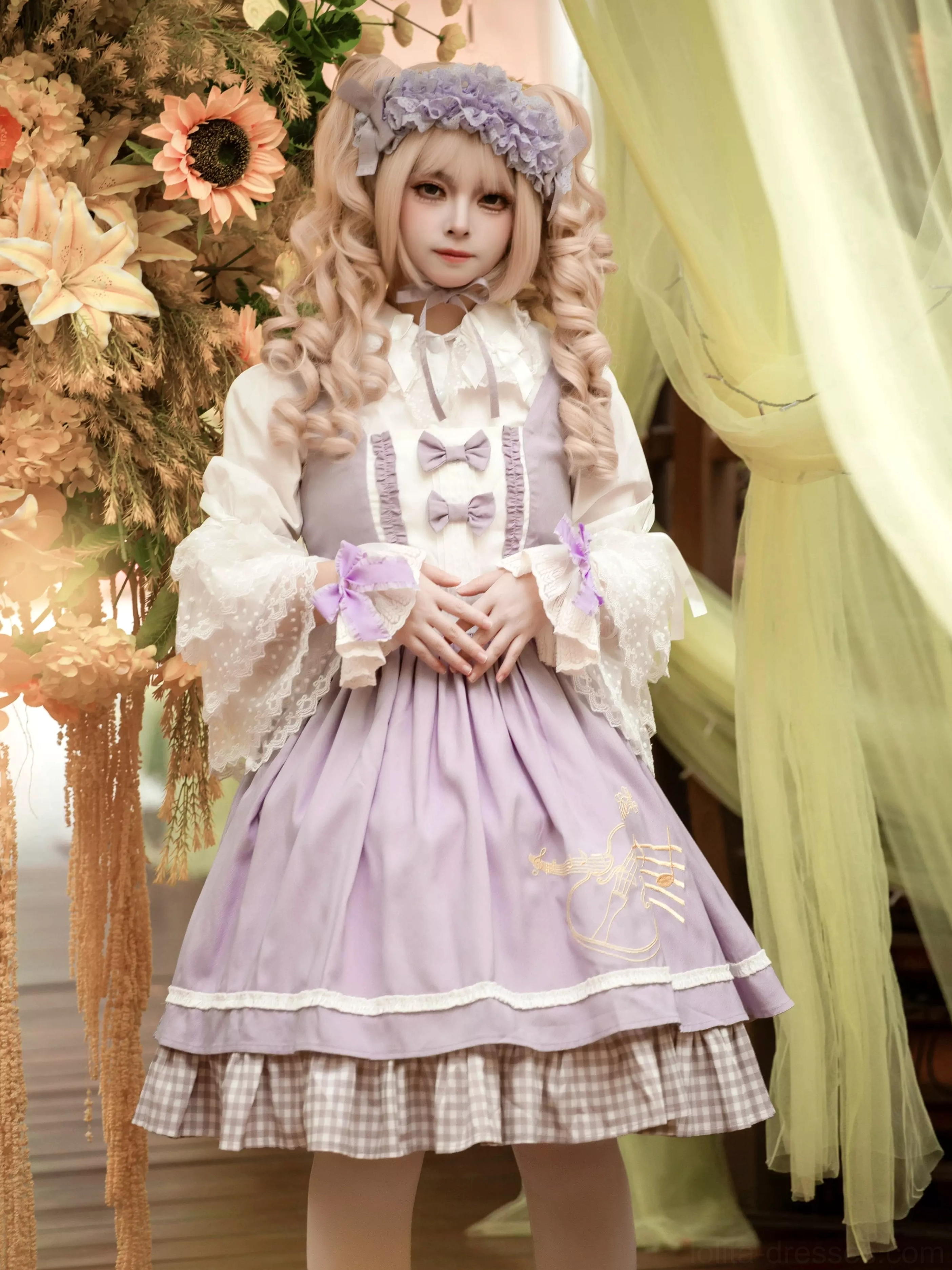 Purple violin sweet lolita JSK dress full front view standing model showing front bow details white waist trim and layered ruffled skirt