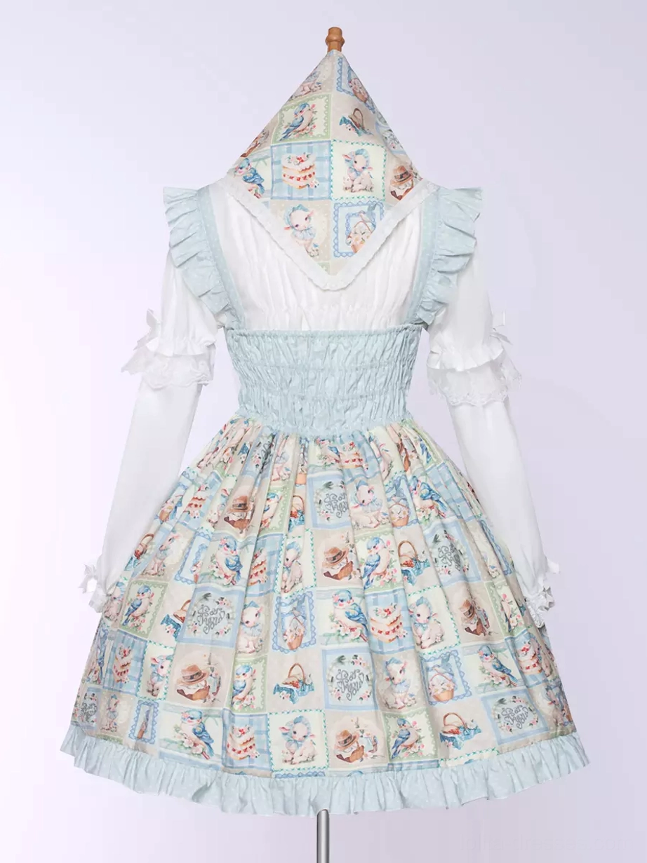 Sheep bird cake print sweet lolita JSK dress worn with coordinating accessories showing complete lolita coordinate styling, suitable for tea parties and special occasions