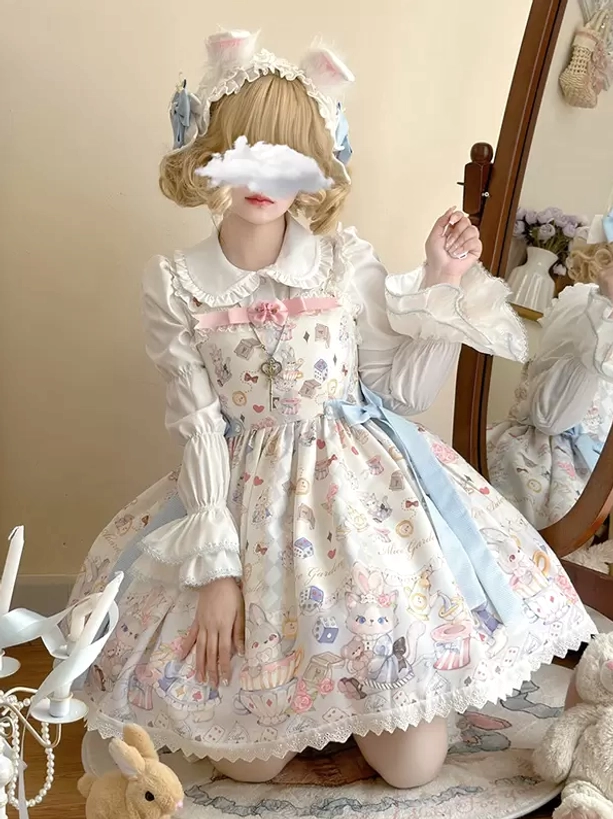Sweet lolita dress side view kneeling pose showing lace hem ruffled long sleeve blouse and bunny hairband vintage styling