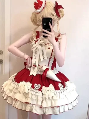Sweet lolita JSK dress sleeveless beige red white tiered ruffle front view mirror selfie blonde model twin buns
