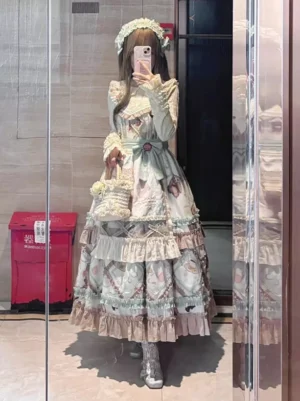 Sweet lolita jumper dress light sky blue full-length mirror selfie view multi-layer ruffled skirt vintage print with matching hairband and straw bag