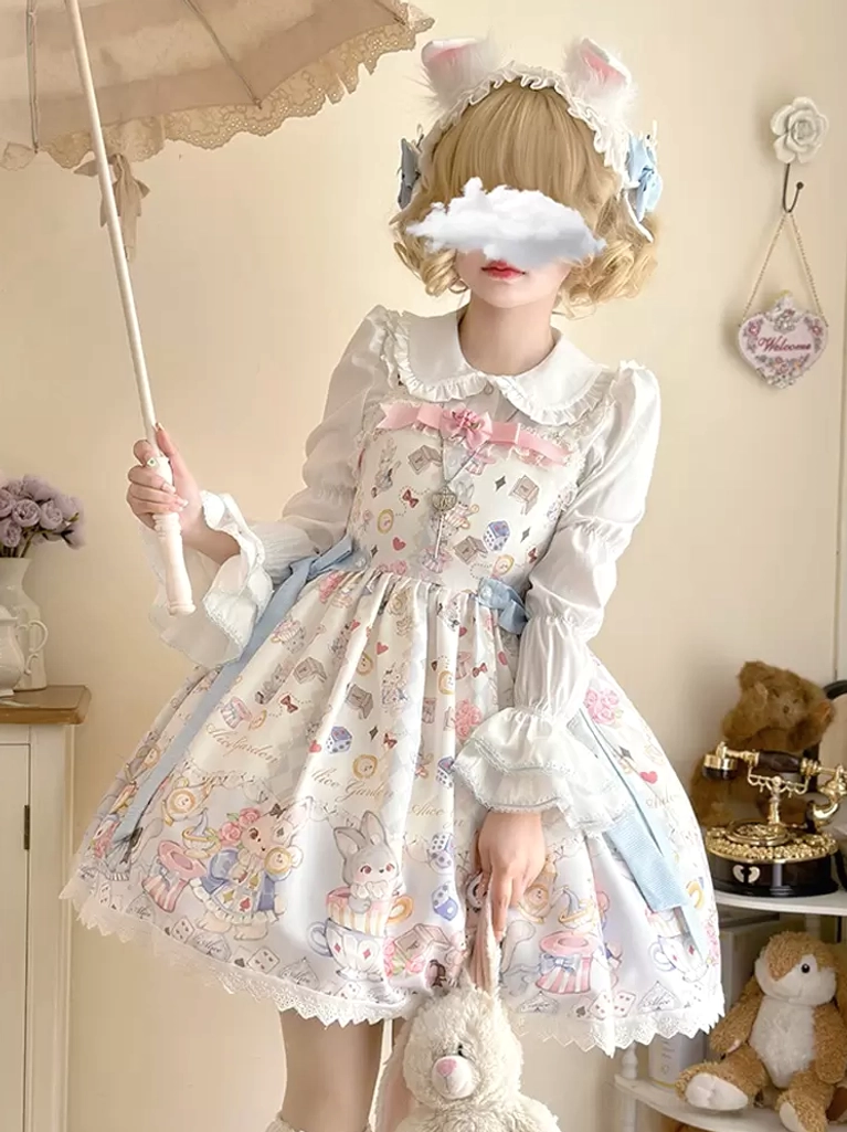 Pastel sweet lolita jsk with peter pan collar blouse light blue side ribbon and fairy tale print - holding parasol standing pose