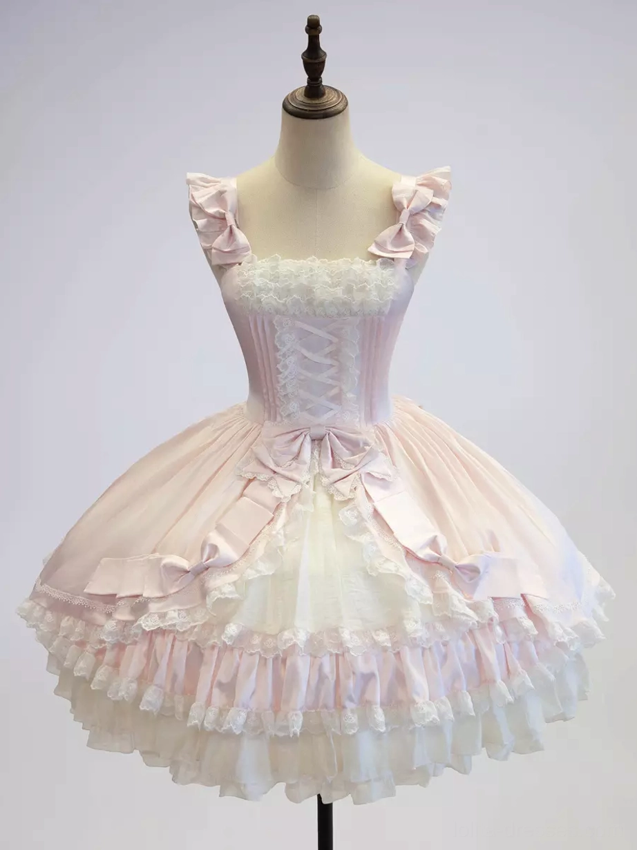 Pink white color block sweet lolita JSK dress product display plain white background ruffled shoulder straps lace bust detail