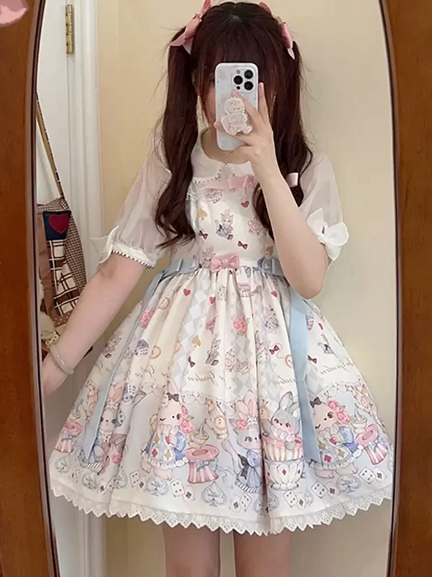 Sweet Lolita jumper dress side view lace trim ruffled hem cute animal dessert prints side mirror selfie