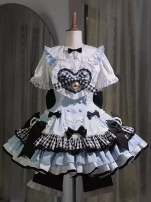 Light sky blue sweet lolita jumper dress front view with heart gingham pattern bell charm ruffled layered skirt sleeveless design full length dress form display