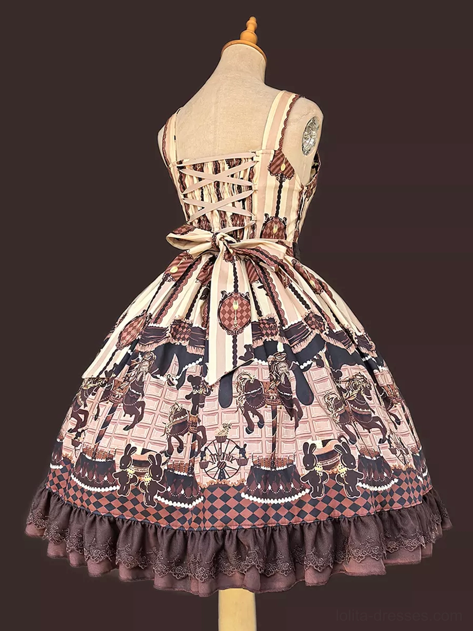 Sweet lolita jumper skirt back display view dress form showing lace-up back design large waist bow carousel print matching front