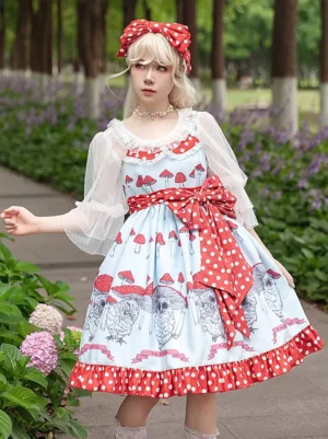 Sweet Lolita jumper dress light sky blue mushroom owl print full-body front view blonde model purple flowers polka dot bow