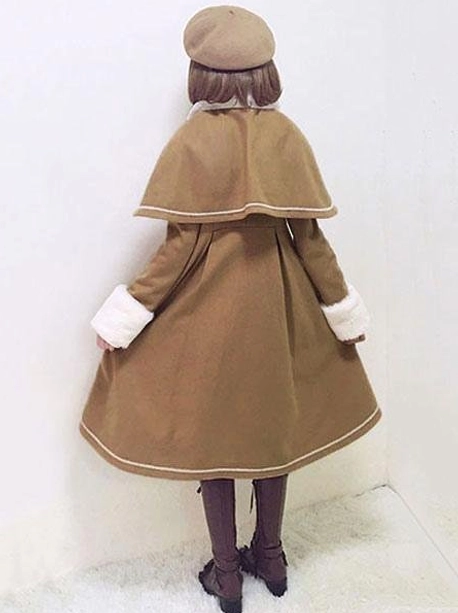 khaki sweet lolita winter coat with detachable cape back view white fur cuffs scalloped hem trim full-body rear shot