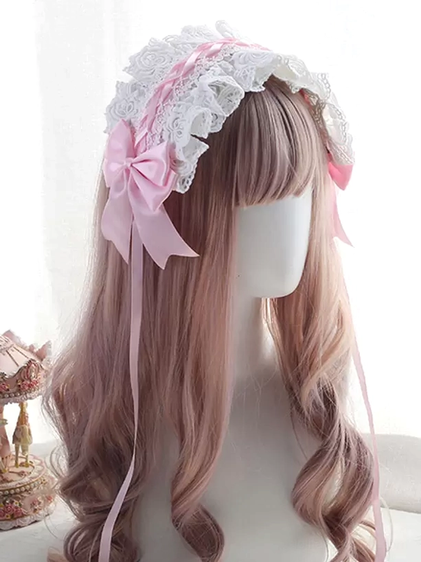 Sweet Lolita lace headband with white embroidered lace and pink satin bow featuring long tail and pink braided trim details, worn on mannequin with pink wavy hair and cute decorative background, three-quarter side view
