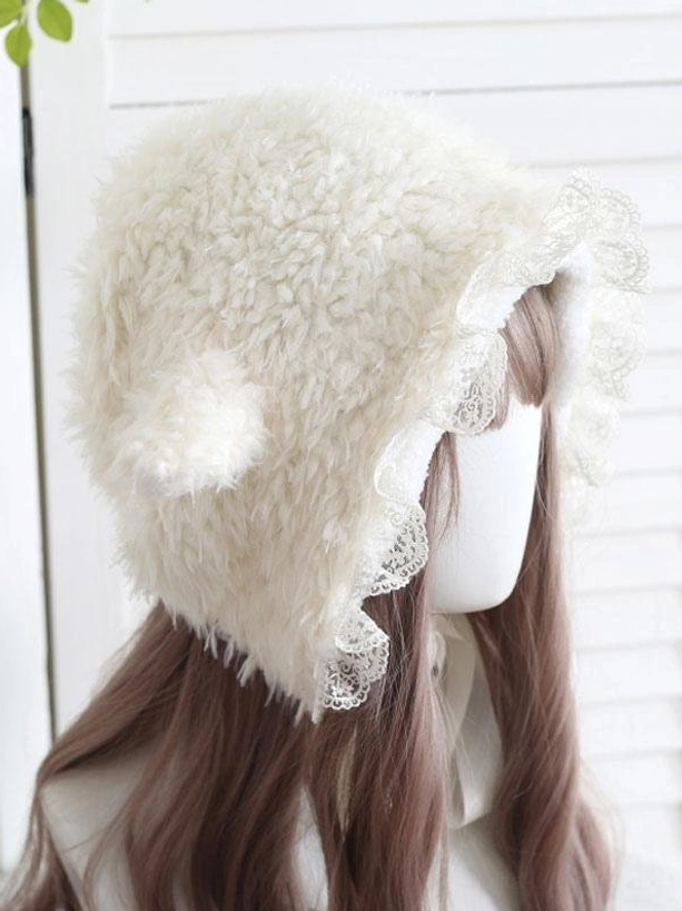 Back view of Sweet Lolita bonnet showing fluffy texture and lace edge framing single ear piece