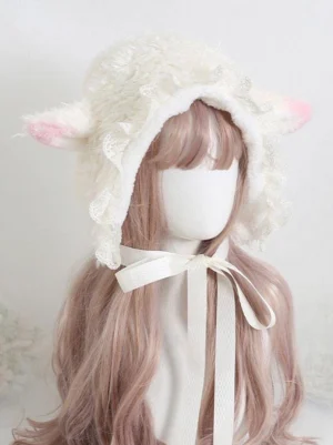 Sweet Lolita lamb ear bonnet front three-quarter view showing fluffy off-white plush fabric with pink-tipped ears and delicate lace trim