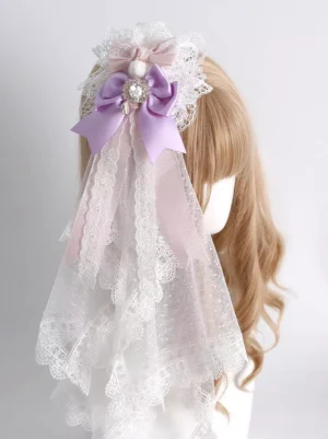 Sweet lolita lavender hair clip with satin bow and layered tulle veil featuring lace trim and rhinestone accents, displayed on mannequin with curly blonde hair, rear left side view showing detailed construction