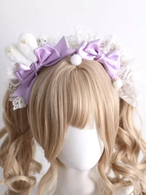 Sweet lolita lavender bunny ear headband with white lace bows and fuzzy ears on mannequin front view