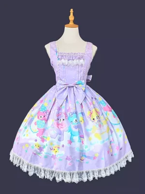 Sweet lolita lavender JSK dress front view featuring cartoon star and cloud print with square neckline and white lace hem