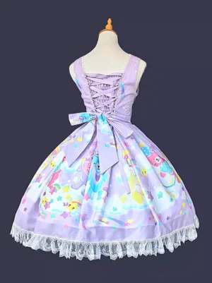 Sweet lolita lavender JSK dress back view showing lace-up back design and decorative bow