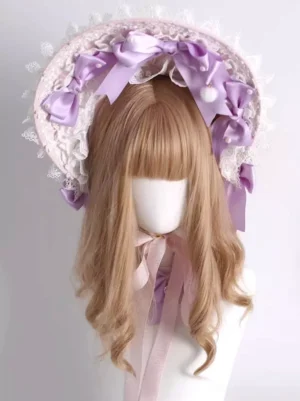 Sweet Lolita lavender lace bonnet with purple satin bows and white ruffled trim front three-quarter view on mannequin with wavy wig
