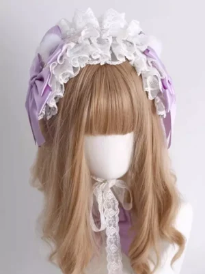 Sweet lolita lavender lace headdress with ruffled trim and adjustable lace chin strap front top down view on mannequin head