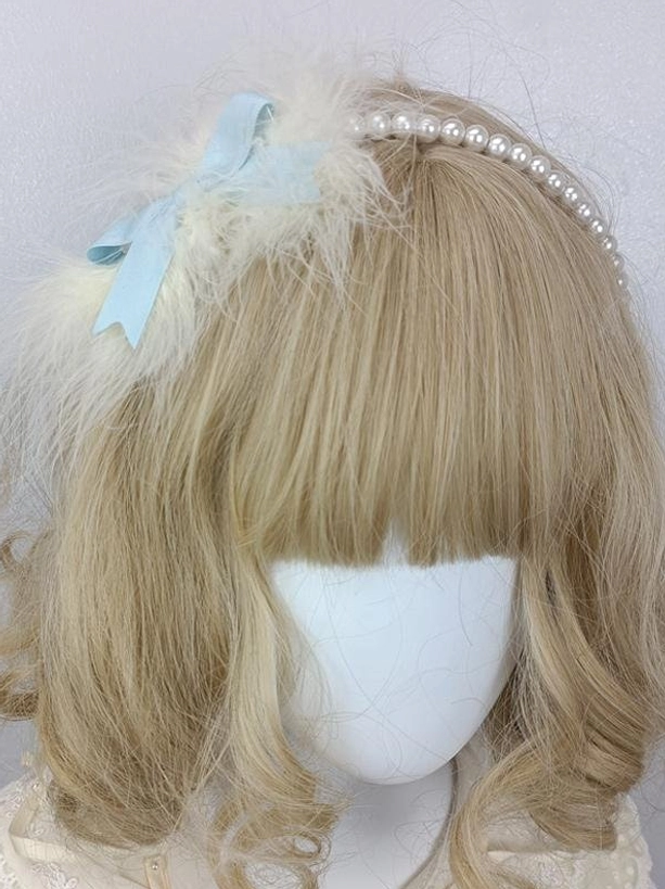 Light blue satin bow sweet lolita pearl headband with fluffy white feather, delicate hair accessory, three-quarter front view mannequin