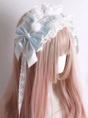 Sweet lolita light blue and white lace headband side view on mannequin with ruffled lace and satin bow detail