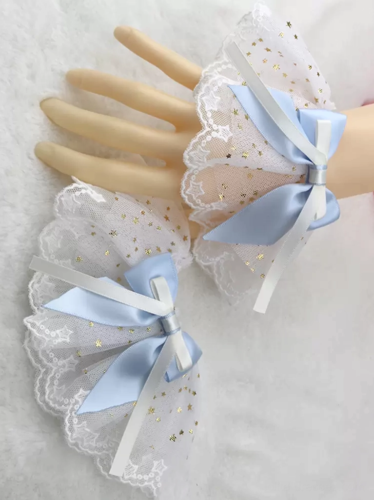 Light sky blue satin bow coordinated with white ruffled mesh wrist cuffs featuring gold foil stars and scalloped lace hem, Sweet Lolita oversleeves accessory