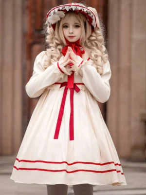 Sweet lolita long sleeve midi dress with square neckline and red ribbon trim worn by blonde model in European outdoor setting