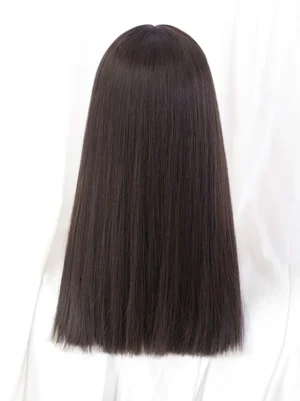 Back view of Sweet Lolita brownish black long straight wig showing smooth trimmed ends, middle parting, and sleek synthetic fiber finish on mannequin