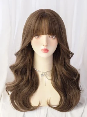 Sweet lolita long wavy wig with blunt bangs in deep brown color front view on mannequin head