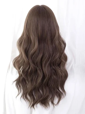 Long synthetic lolita wig back view showing natural wavy texture deep brown color with middle scalp parting