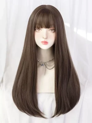 Sweet lolita long wig deep brown color with air bangs front view display on mannequin showing smooth straight synthetic fiber texture